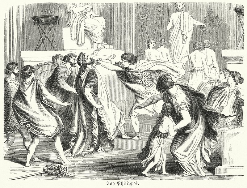 Philip II af Makedoniens død (kobberstik) af (after) German School