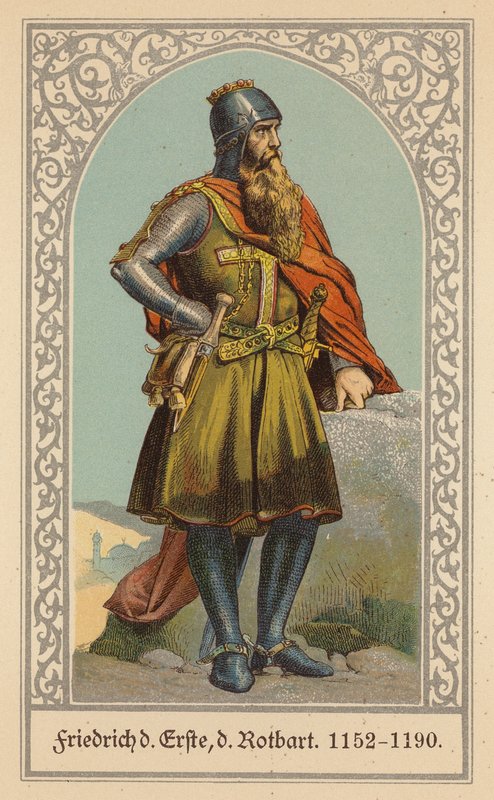 Frederik Barbarossa, tysk-romersk kejser (farvelitografi) af (after) German School