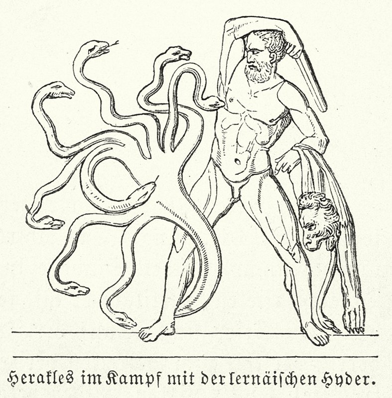 Herakles kæmper mod den lernæiske hydra (kobberstik) af (after) German School