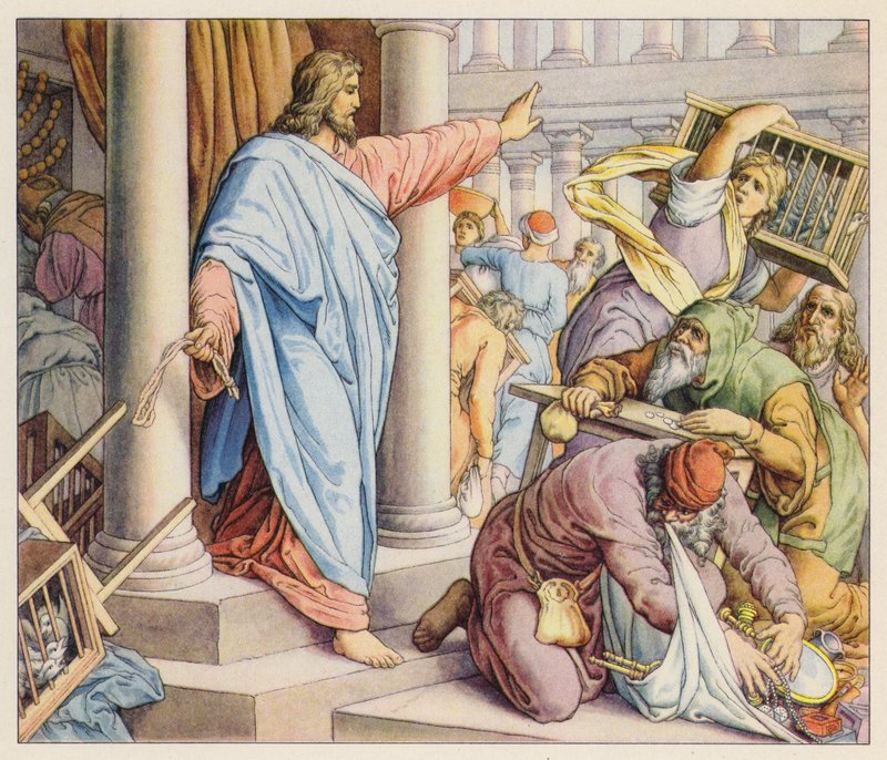 Jesus renser templet (farvelitografi) af (after) German School