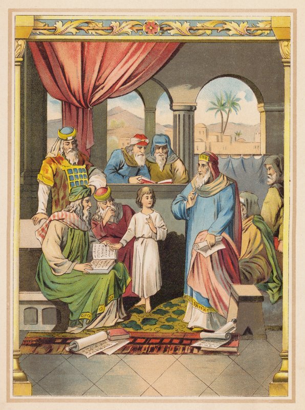 Jesus med de ældste i templet (farvelitografi) af (after) German School