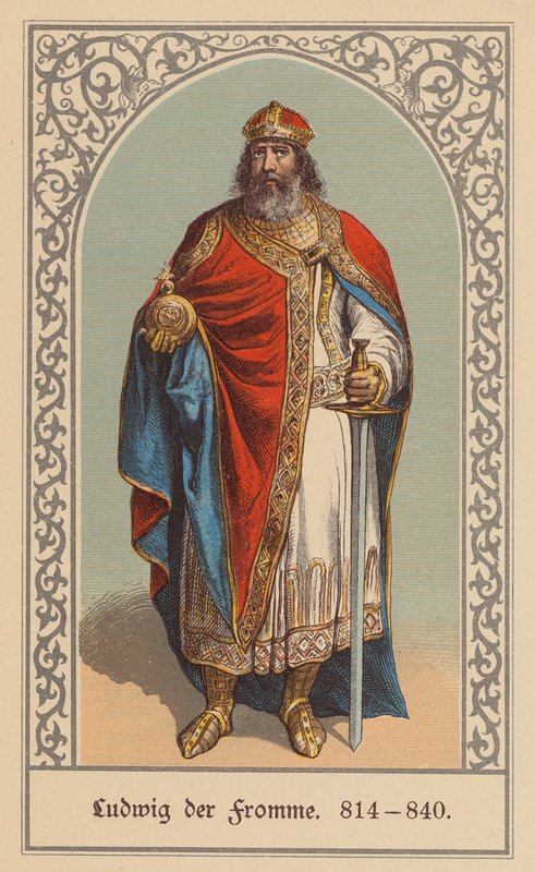 Ludvig den Fromme, frankernes konge og tysk-romersk kejser (farvelitografi) af (after) German School