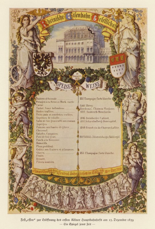 Menu til en banket i anledning af åbningen af den første jernbanestation i Köln af (after) German School