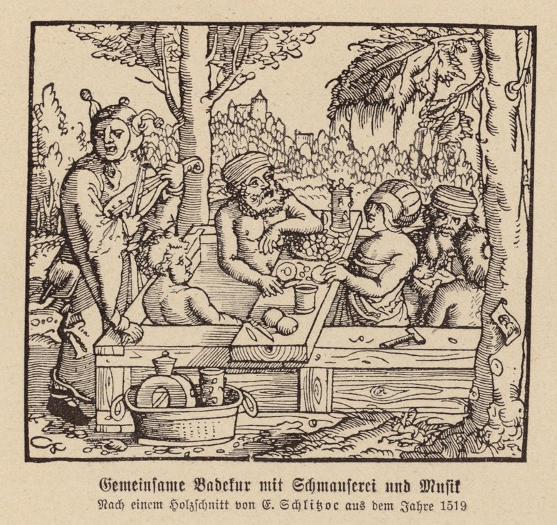 Blandet spa-badning med fest og musik (træsnit) af (after) German School