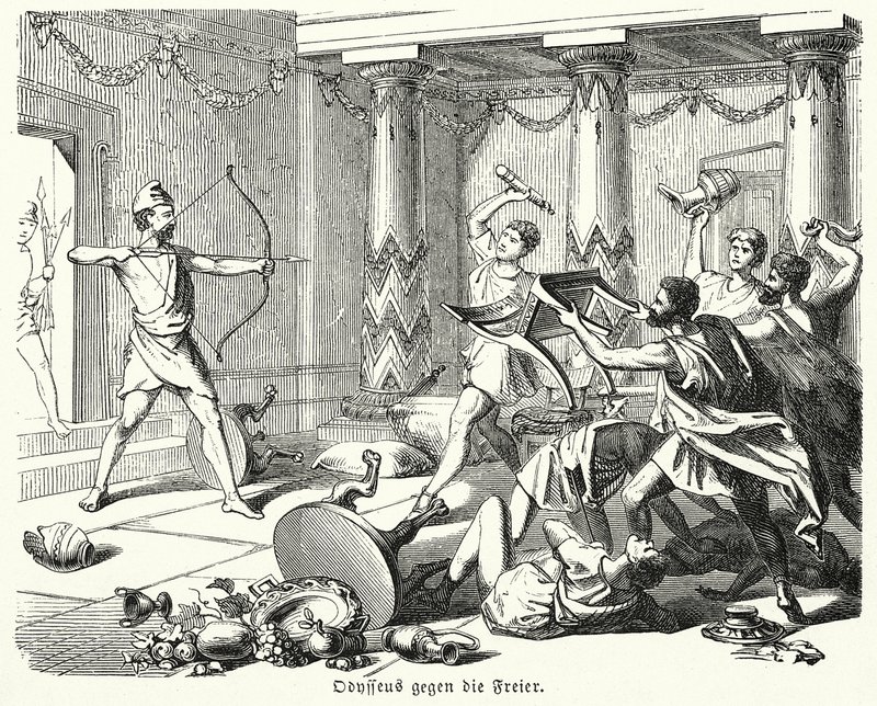 Odysseus dræber Penelopes bejlere (kobberstik) af (after) German School