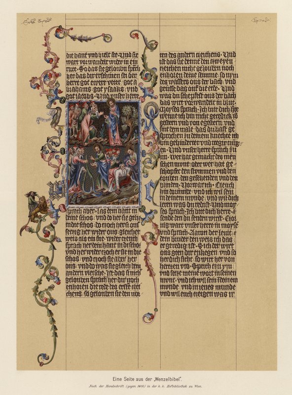 Side fra Wenceslas-bibelen (farvelitografi) af (after) German School