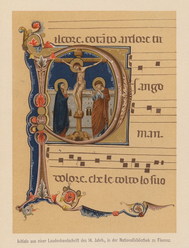 Jesu Kristi korsfæstelse, initial fra et middelalderligt illumineret manuskript (farvelitografi) af (after) Italian School