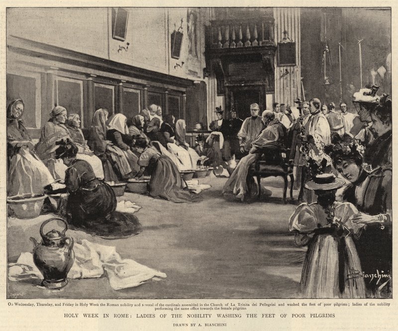 Hellig uge i Rom, adelens damer vasker fødderne af fattige pilgrimme (litho) af (after) Italian School