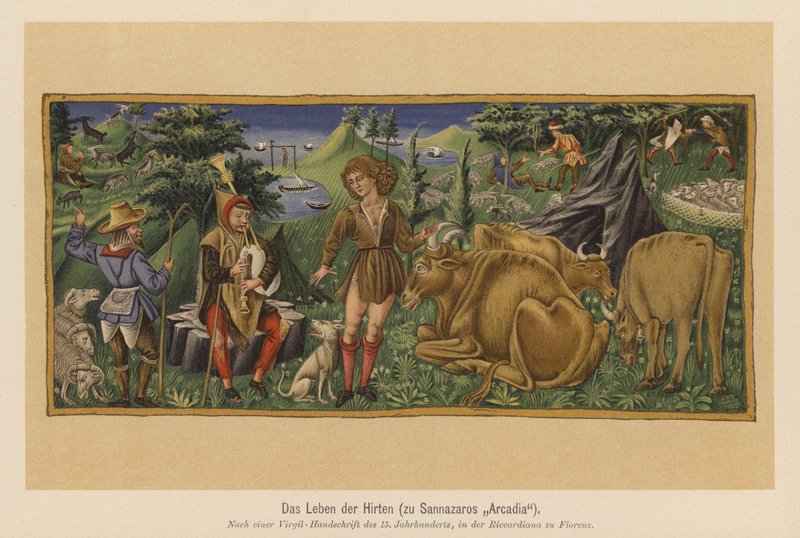 Scene fra Jacopo Sannazaros digt Arcadia (farvelitografi) af (after) Italian School