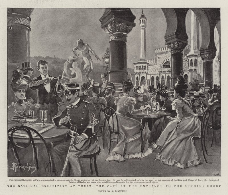 Nationaludstillingen i Torino, cafeen ved indgangen til det mauriske hof (litho) af (after) Italian School