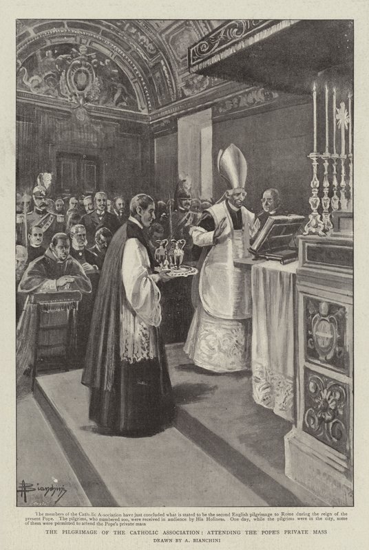 Den katolske forenings pilgrimsfærd, deltagelse i pavens private messe (litho) af (after) Italian School