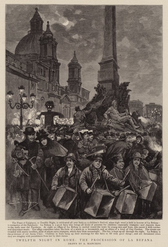 Tolvte nat i Rom, processionen af La Befana (gravering) af (after) Italian School