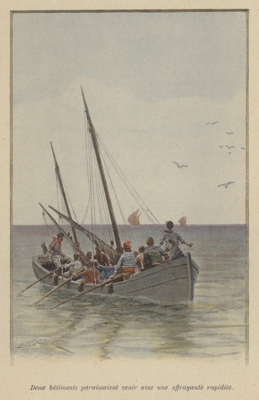 To skibe nærmede sig med en skræmmende fart (farve litho) af (after) Paris