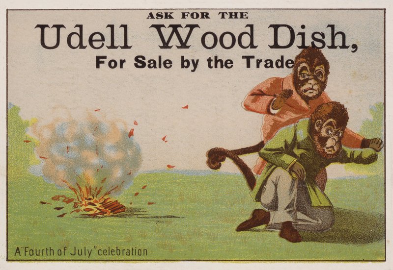En fjerde juli-fejring, handelskort, der reklamerer for Udell-træretter af American School