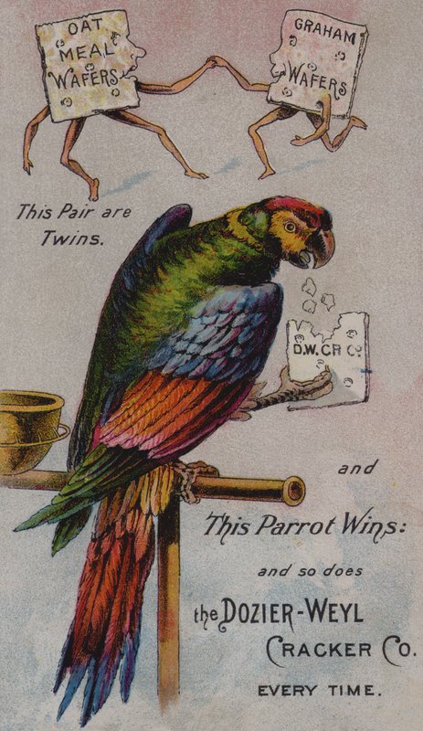 Amerikansk handelskort, der reklamerer for Dozier-Weyl Cracker Company af American School