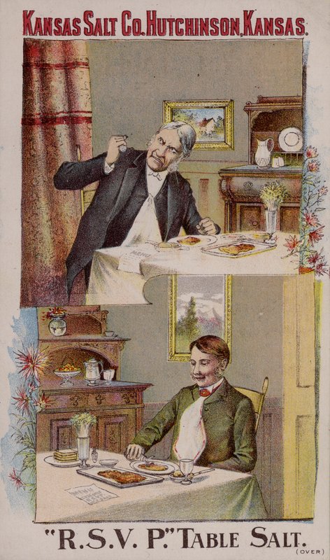 Amerikansk handelskort, der reklamerer for Kansas Salt Company, Hutchinson, Kansas af American School