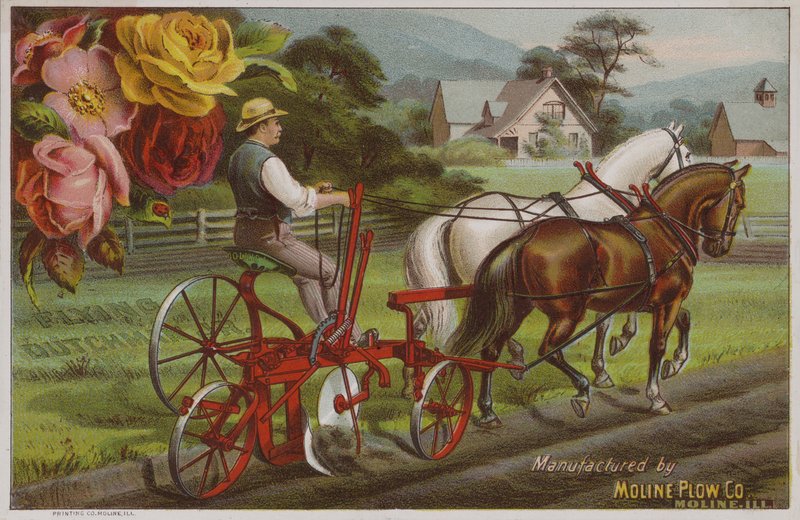 Amerikansk handelskort, der reklamerer for Moline Plough Company, Illinois, c1880
