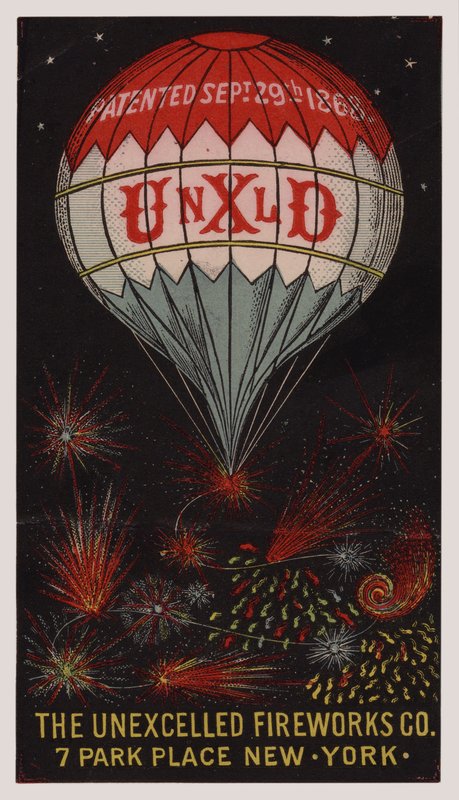 Amerikansk handelskort, der reklamerer for Unexcelled Firework Company, New York af American School