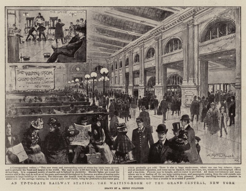 En up-to-date jernbanestation, venteværelset i Grand Central, New York af American School