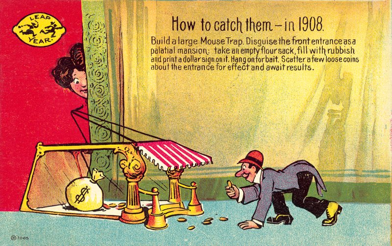 Postkort, der viser, hvordan man fanger dem, i et skudår, 1908 af American School