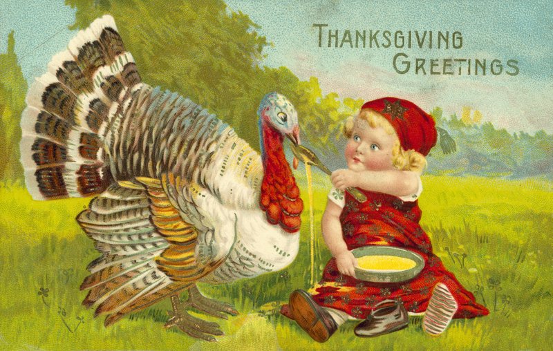 Thanksgiving kort med lille pige og kalkun af American School