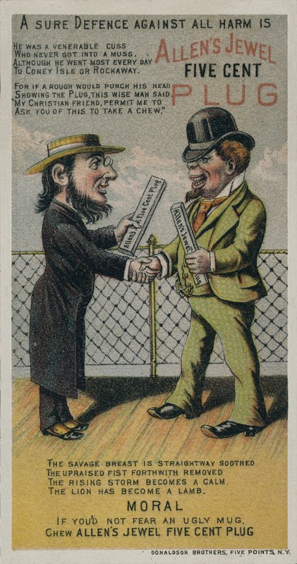 Trade card reklame Allens Jewel Five Cent Plug tyggetobak af American School