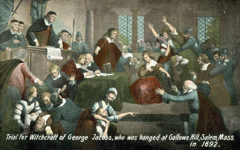 Retssag for hekseri mod George Jacobs, som blev hængt på Gallows Hill, Salem, Massachusetts, USA, i 1692 af American School