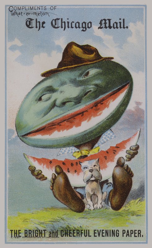 Vandmelon, amerikansk handelskort, der reklamerer for avisen Chicago Mail af American School