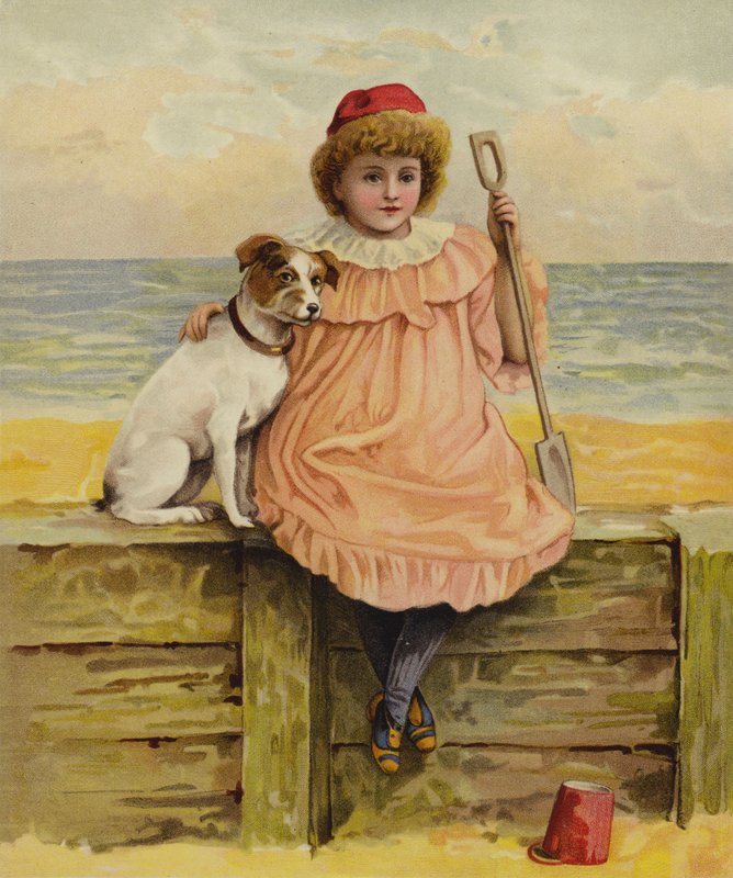 En pige, der sidder med sin hund på stranden af English School