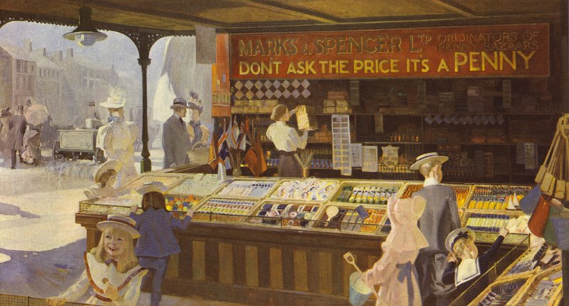 Et interiør i Penny Bazaar med den åbne udstilling, 1900 af English School