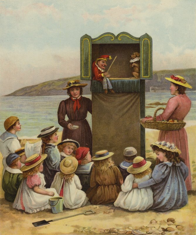 Børn ser et Punch and Judy-show på stranden af English School