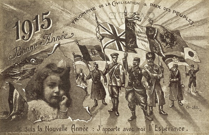 Nytårskort for 1915, der ønsker civilisationens triumf og fred blandt folk af English School