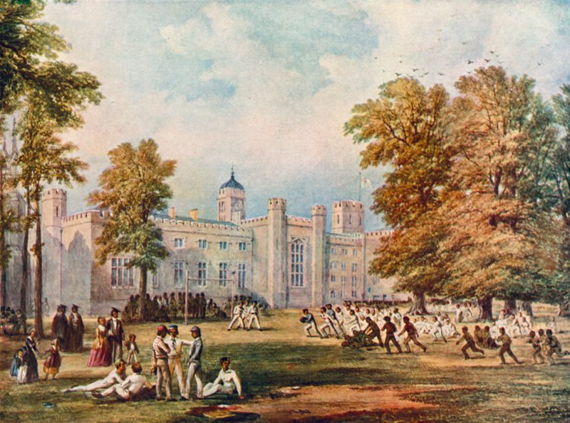 Spiller rugby på Rugby School, Warwickshire, 1852 af English School