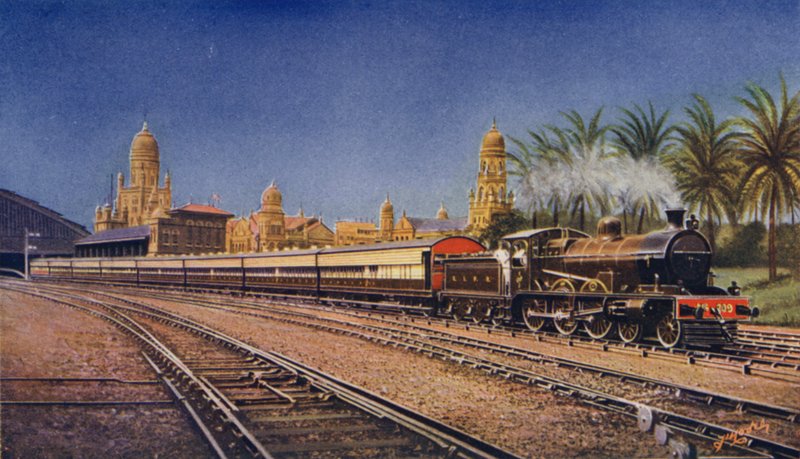 Bombay-Poona Express, der forlader Victoria Terminus, Bombay, Great Indian Peninsula Railway af English School