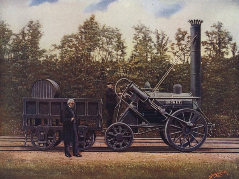 Raketten og dens designer, George Stephenson, faderen til de britiske jernbaner, London and North Western Railway af English School