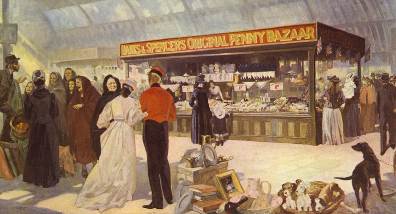 Den oprindelige type af Open Penny Bazaar i den offentlige markedshal, 1890 af English School