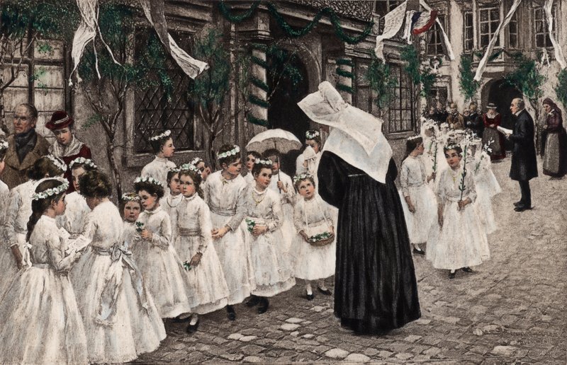 Katolsk procession (fotogravure i farve) af European School