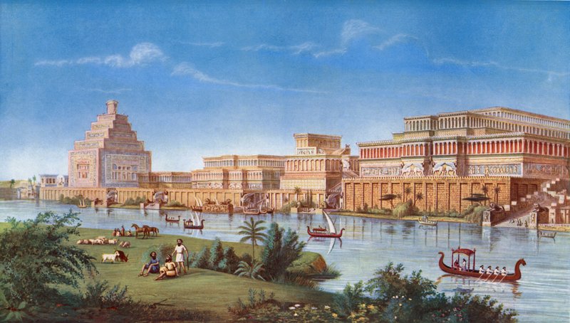 Majestætiske paladser i Assyriens gamle hovedstad Nineveh, som den var for mere end 25 århundreder siden af European School