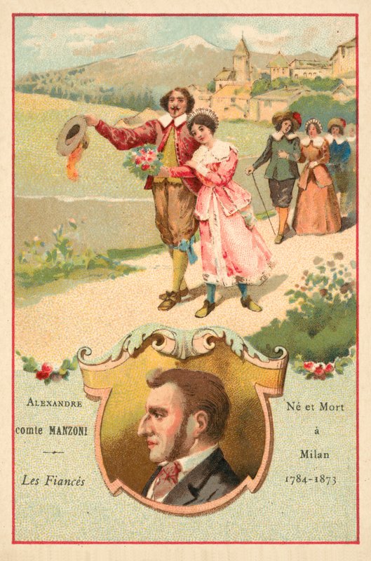 Alessandro Manzoni, italiensk forfatter, og en scene fra hans roman The Troloved af French School