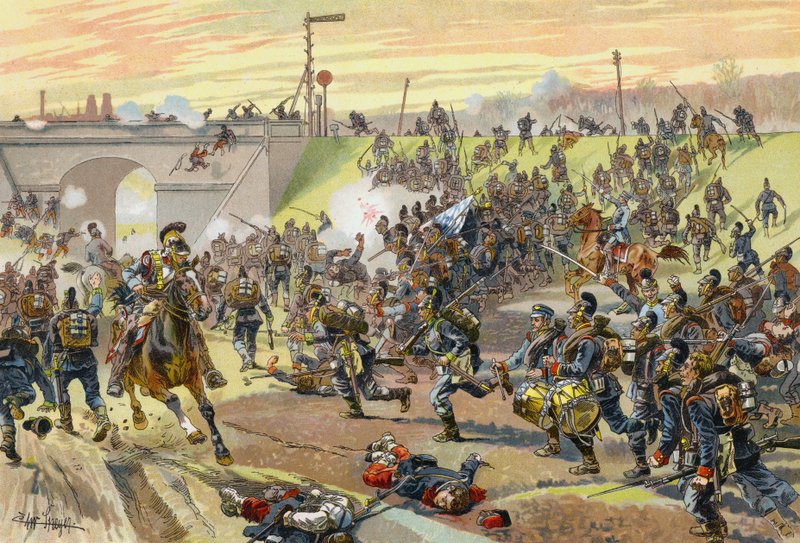 Det 1. bayerske korps stormer en jernbanedæmning uden for Orleans, den fransk-preussiske krig, 11. oktober 1870 af German School