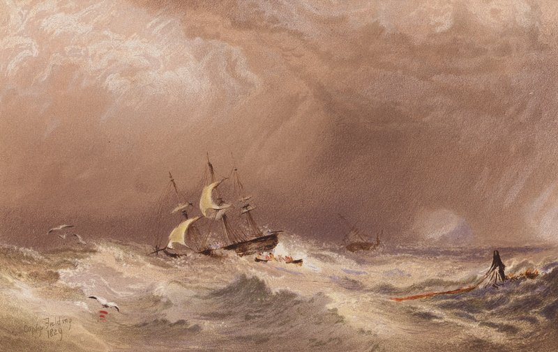 Et skib i nød (farvelitografi) af A.V. Copley (after) Fielding
