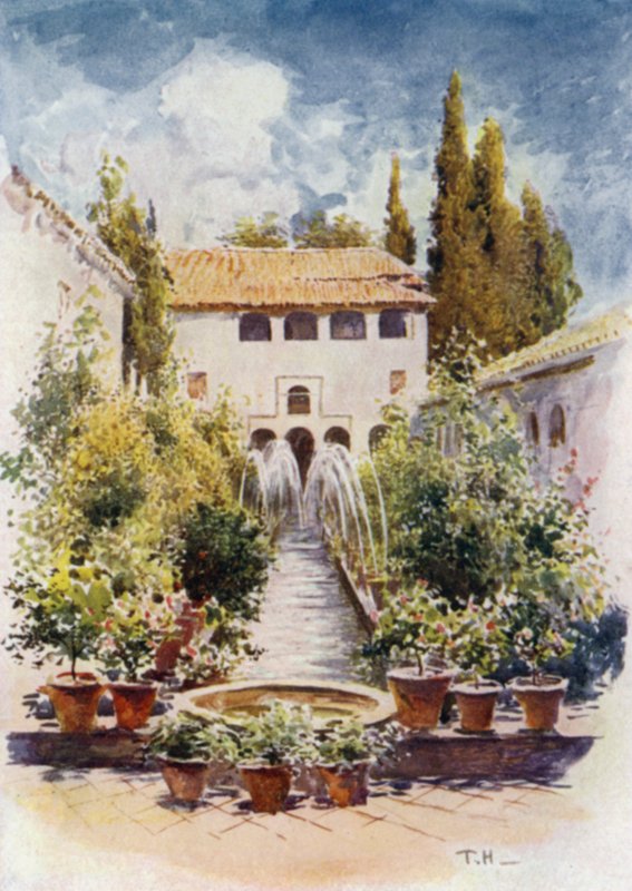 Generalife, Acequia Court (farve litho) af A. Trevor Haddon