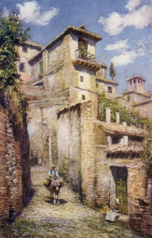 Granada, en gade i Albaicin (farve litho) af A. Trevor Haddon