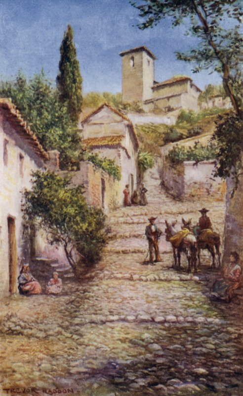 Granada, gade i det gamle kvarter (farve litho) af A. Trevor Haddon