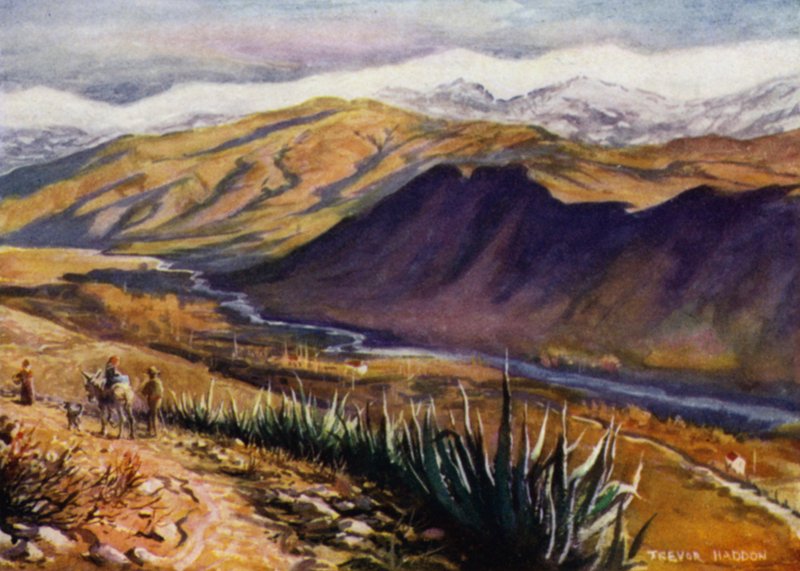 Granada, udsigt over Sierra Nevada og floden Genil (farve litho) af A. Trevor Haddon