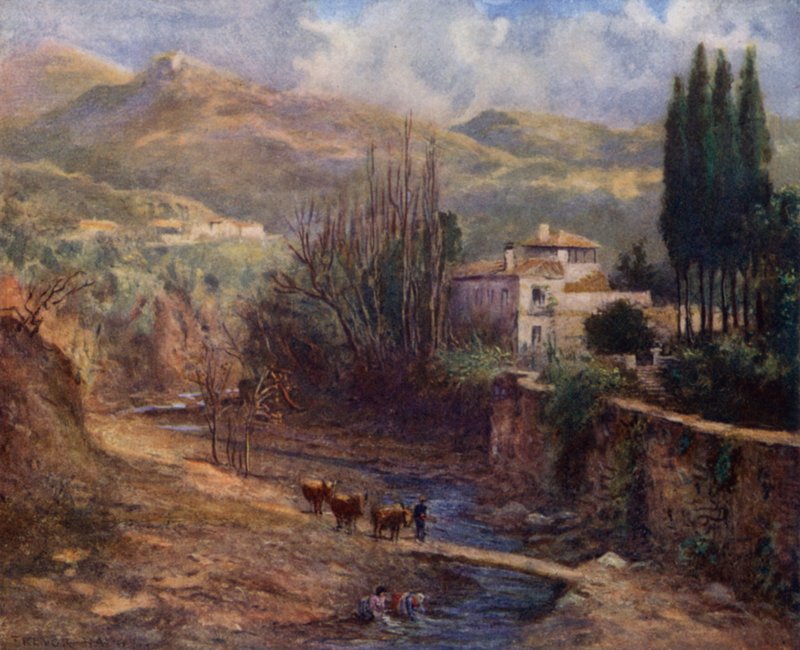 Granada, Villa på Darro (farve litho) af A. Trevor Haddon