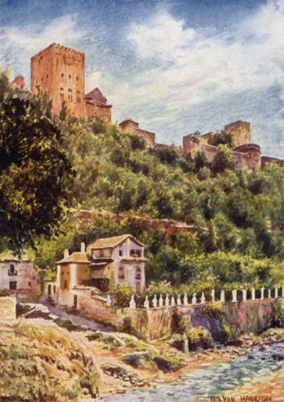 Granada, villaer på bredden af floden Darro (farve litho) af A. Trevor Haddon