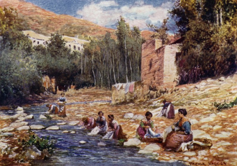 Granada, villaer på bredden af floden Darro (farve litho) af A. Trevor Haddon