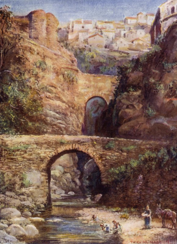 Ronda, romerske broer (farve litho) af A. Trevor Haddon