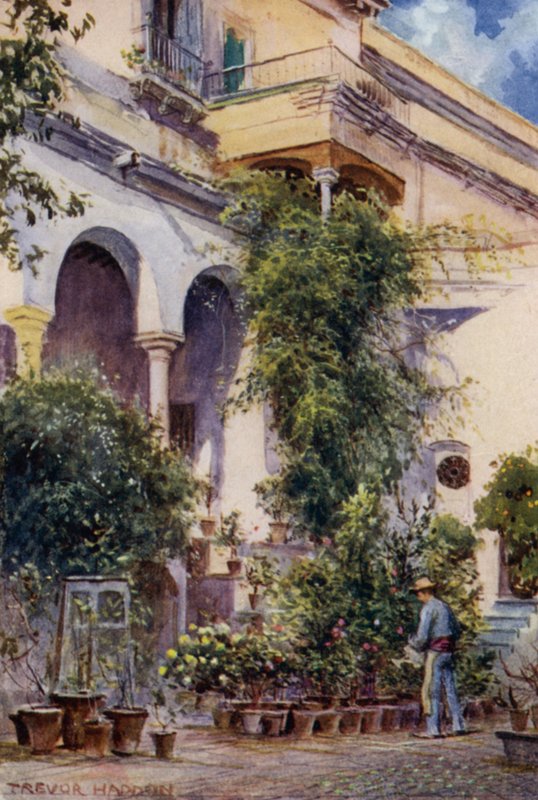 Sevilla, Alcazar-haverne (farve litho) af A. Trevor Haddon
